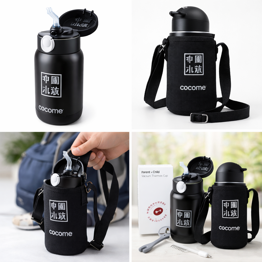 Cocome 350ml Stainless Steel Kids Water Bottle with Straw & Carry Bag – Leakproof Insulated Thermos
